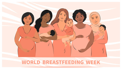 Banner about pregnancy, breastfeeding and motherhood. Group of pregnant women and women with children. World Breastfeeding Week. Vector illustration