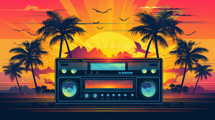 Retrowave Retro Radio Musikbox mit Palmen, Gebirge und Sonnenuntergang. Synthwave, Futuresynth, Outrun. Querformat. Generative Ai.