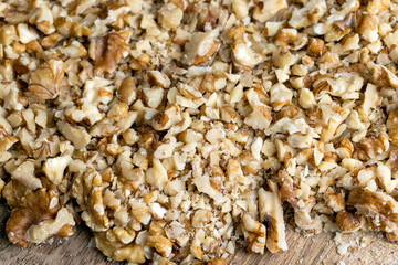 Walnut kernel on the kitchen table during cooking