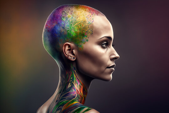 Woman portrait with rainbow tatoo on black background, fictitious person. AI generated image