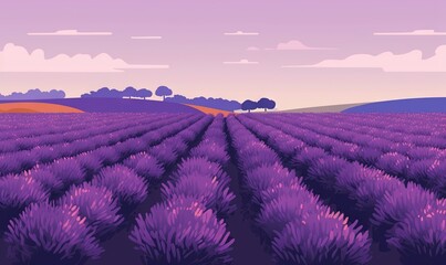  a lavender field with trees in the distance and clouds in the sky in the distance, with a purple sky in the background, and a purple sunset in the foreground.  generative ai
