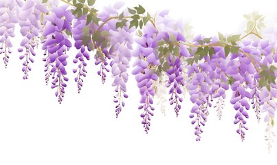  a bunch of purple flowers hanging from a tree branch with green leaves on it's branches, with a white sky in the background.  generative ai