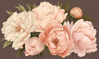  a bunch of flowers that are on a brown background with green leaves and stems in the middle of the picture, with a brown background with pink and white flowers and green leaves.  generative ai