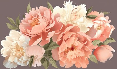  a bunch of flowers that are sitting on a table together in front of a gray background with pink and white flowers on the top of the flowers.  generative ai