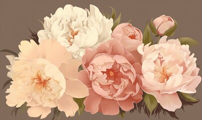  a bunch of flowers that are sitting on a table together in a row on a brown background with leaves and stems in the center of the picture.  generative ai