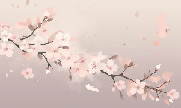  a branch of a blossoming cherry tree with pink and white flowers on a light pink background with a white and black border and a light pink background.  generative ai
