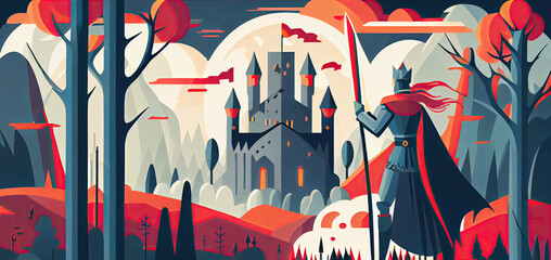 Fototapeta premium Abstract medieval background with castle and knight (Generative AI)