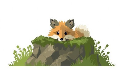  a red fox sitting on top of a lush green field next to a pile of rocks and grass on top of a hill with a white background.  generative ai