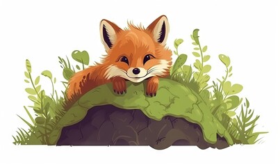  a red fox sitting on top of a rock in a field of grass and plants, with a white background and a blank area for text.  generative ai