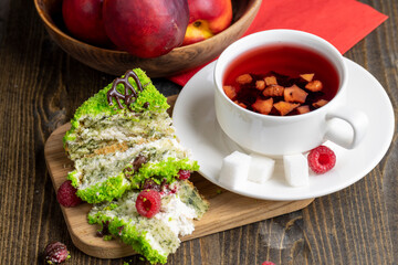 A piece of sweet green cake with berries