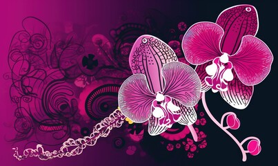 Naklejka na ściany i meble a purple flower with a chain hanging from it's center on a purple background with swirls and swirls around the edges of the flowers. generative ai
