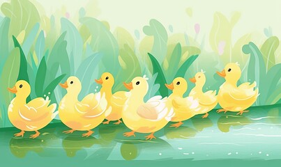 Obraz na płótnie Canvas a group of yellow ducks walking along a river bank with green grass and water lilies in the background, with a light blue sky in the background. generative ai