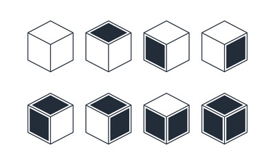 Minimalistic 3d blocks icons with filled squares in different rectangle directions vector icons.
