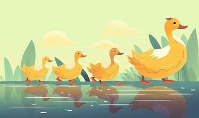 Obraz na płótnie Canvas a group of ducks walking across a lake next to tall grass and trees with clouds in the sky behind them and a few ducks swimming in the water. generative ai