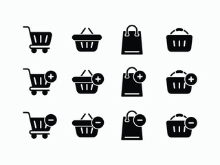 Minimalistic filled cart types icons. Add to cart and remove from cart icons with different types of basket.