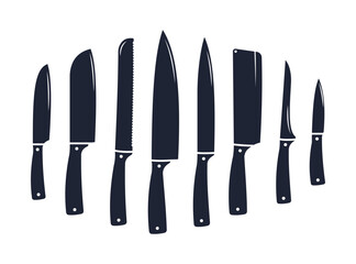 BIg set of kitchen knives types. Knife for meat, fish, butter and other different vector icons.