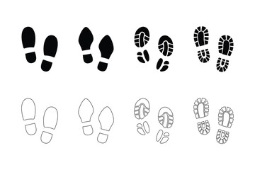 Minimalistic different shoe marks. Four types of shoes traces in filled and linear style vector icons.