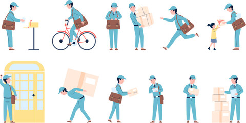 Fototapeta na wymiar Postman in uniform with letters and parcels. Mail man delivery letter at home. Post social service profession, delivering recent vector characters