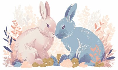  a couple of rabbits sitting next to each other on top of a field of flowers and grass with leaves and flowers around them, with a white background.  generative ai