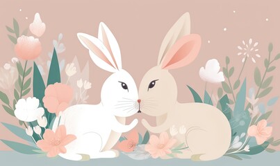  a couple of rabbits sitting next to each other in front of flowers and leaves on a pink background with a pink background with white flowers.  generative ai