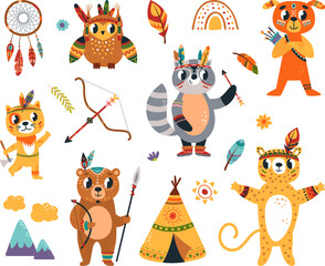 Boho tribal cartoon animal. Woodland animals, native americans decoration elements. Cute tribe children characters, classy vector clipart