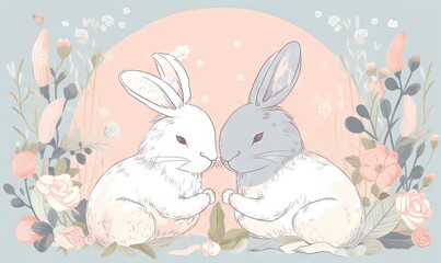  a couple of rabbits sitting next to each other in front of a pink circle with flowers and leaves on it and a blue background with a pink circle.  generative ai