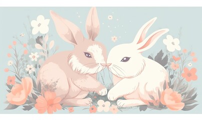  a couple of rabbits sitting next to each other on top of a field of flowers and flowers on a light blue background with pink and white flowers.  generative ai