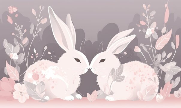  a couple of white rabbits sitting next to each other on a field of flowers and leaves with pink and purple colors on the background of the image.  generative ai