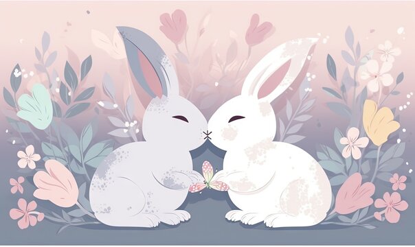  a couple of rabbits sitting next to each other in front of flowers and butterflies on a pink and blue background with a pink background and white border.  generative ai