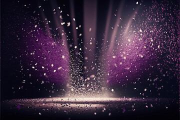 Abstract background with purple bokeh, confetti rain on festive stage with light beam in the middle, empty room at night mockup