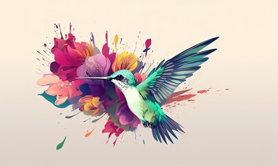 Obraz premium a colorful bird with a long beak and a long beak is flying through the air with paint splatters on its body and wings. generative ai