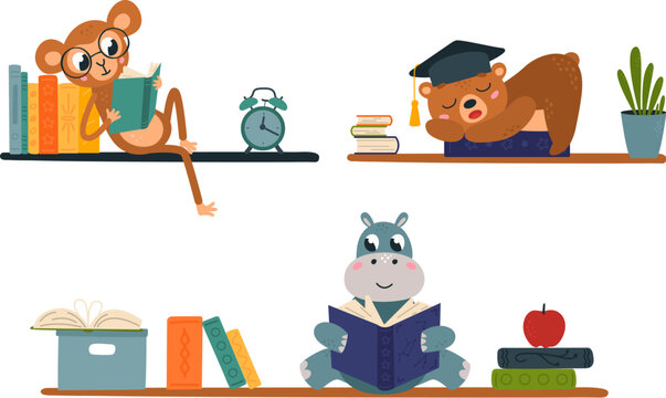 Bookshelves And Reading Animals With Books Piles. Hippo And Monkey Read, Cute Bear Sleep On Book. Study, Library And Education Vector Set