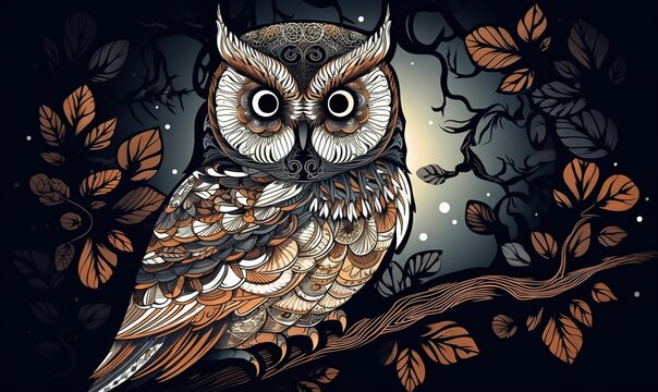  an owl sitting on a branch with leaves around it's neck and eyes wide open, with a full moon in the distance behind.  generative ai