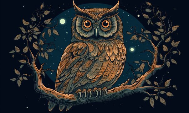  an owl is sitting on a branch in the night sky with a full moon in the background and stars in the sky above it,.  generative ai