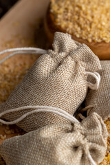 Not cooked wheat porridge in a linen bag