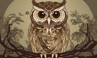Fototapeta premium an owl is sitting on a branch in front of a full moon with leaves and branches in the foreground, with a full moon in the background. generative ai