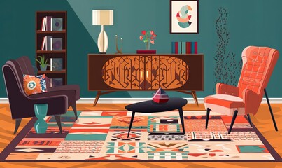  a living room filled with furniture and a rug on top of a hard wood floored floored area next to a book shelf filled with books.  generative ai