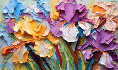  a close up of a painting of colorful flowers on a white wall with paint streaks on it's petals and the petals are multicolored.  generative ai