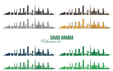 Kingdom of Saudi Arabia Famous Buildings with Traditional ornament. Editable Vector Illustration