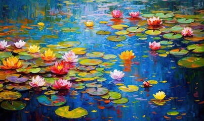 a painting of water lilies and lily pads in a pond with blue sky and clouds in the background and water lilies in the foreground.  generative ai
