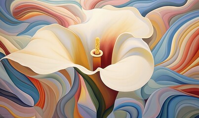  a painting of a white flower with a yellow ring on it's center surrounded by multi - colored swirls and waves of color.  generative ai - obrazy, fototapety, plakaty