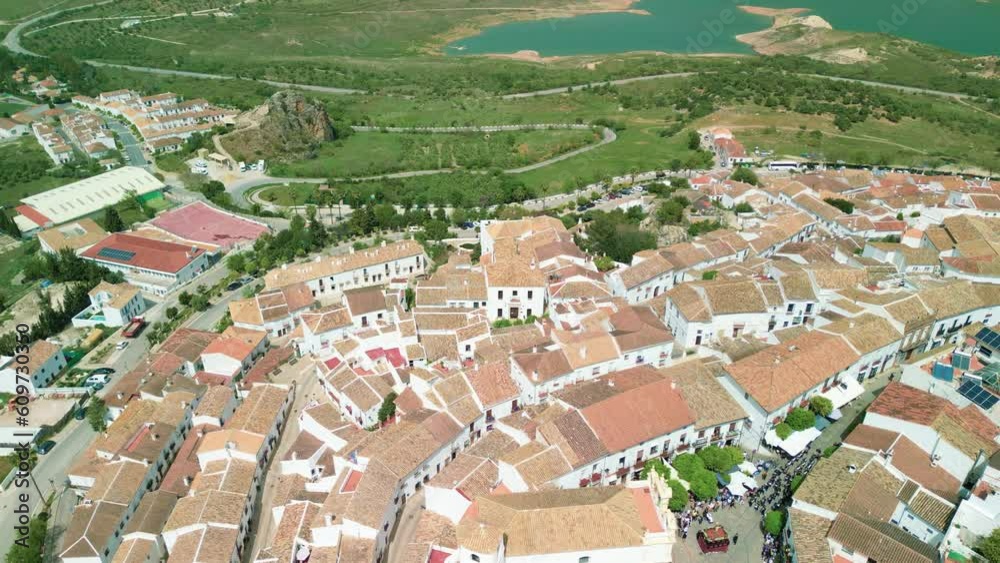 Canvas Prints zahara de la sierra, andalusia. aerial view of whitewashed houses sporting rust-tiled roofs and wrou