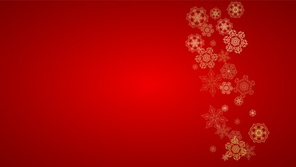 Naklejka na ściany i meble Christmas snowflakes on red background. Horizontal glitter frame for winter banner, gift coupon, voucher, ads, party event. Santa Claus color with golden Christmas snowflakes. Falling snow for holiday