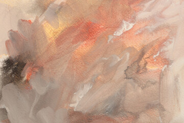 Beige, gold, bronze acrylic and watercolor smoke flow stain blot on paper texture background.
