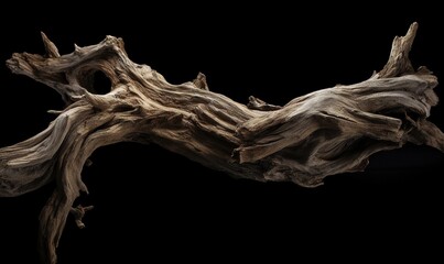  a piece of drift wood is shown against a black background with a black background and a black background with a black background and a black background with a black background.  generative ai