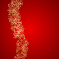 Christmas snowflakes on red background. Glitter frame for seasonal winter banners, gift coupon, voucher, ads, party event. Santa Claus colors with golden Christmas snowflakes. Falling snow for holiday