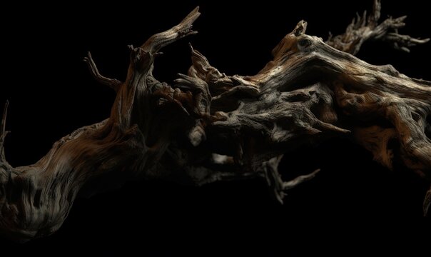  a very old tree branch with no leaves on it's branches and no leaves on it's branches, against a black background.  generative ai