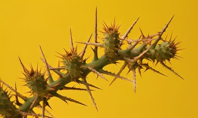  a close up of a cactus plant against a yellow background with a small bird perched on the top of the plant and a yellow background.  generative ai