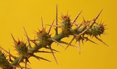 Obraz premium a close up of a cactus plant against a yellow background with a small bird perched on the top of the plant and a yellow background. generative ai