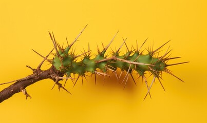Obraz premium a close up of a cactus plant on a yellow background with a green stem with long spikes on the top of it, with a yellow background. generative ai
